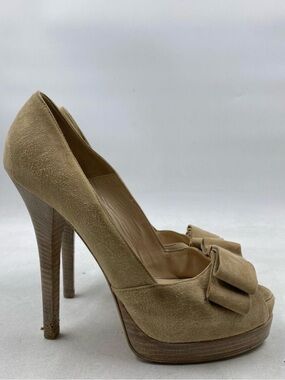 Fendi Tan Suede Peep-Toe Platform Pumps with Bow